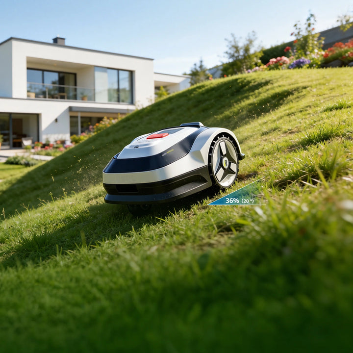 RoboUP Raccoon 2SE robotgräsklippare klarar lutande gräsmatta